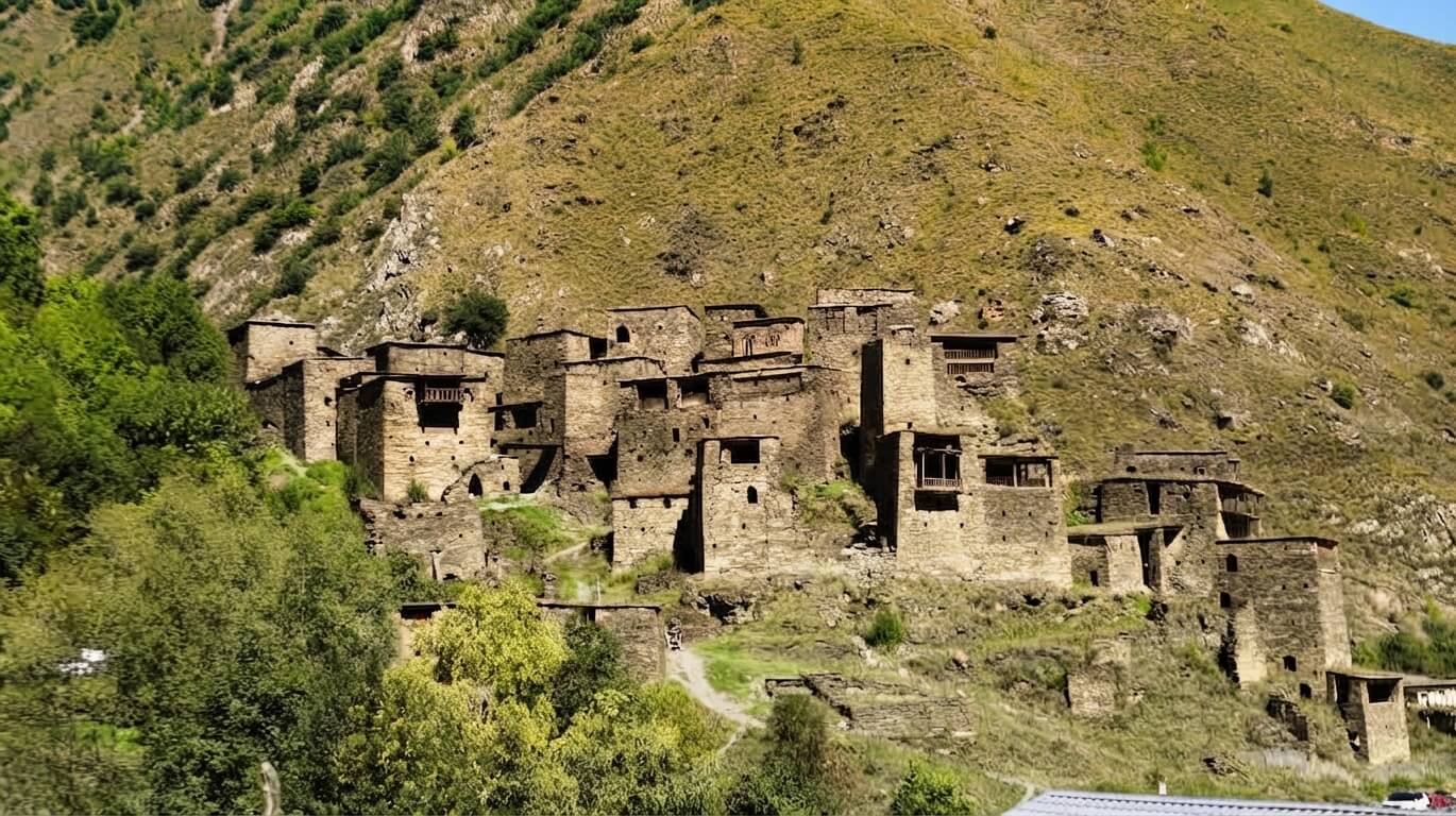 Shatili's flat-roofed stone towers packed together on a steep green mountainside