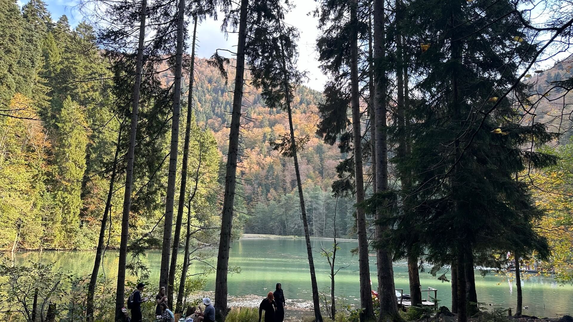 Bateti Lake seen through dark pine trunks: green autumn water below gold and orange woods, and picnickers on the shore