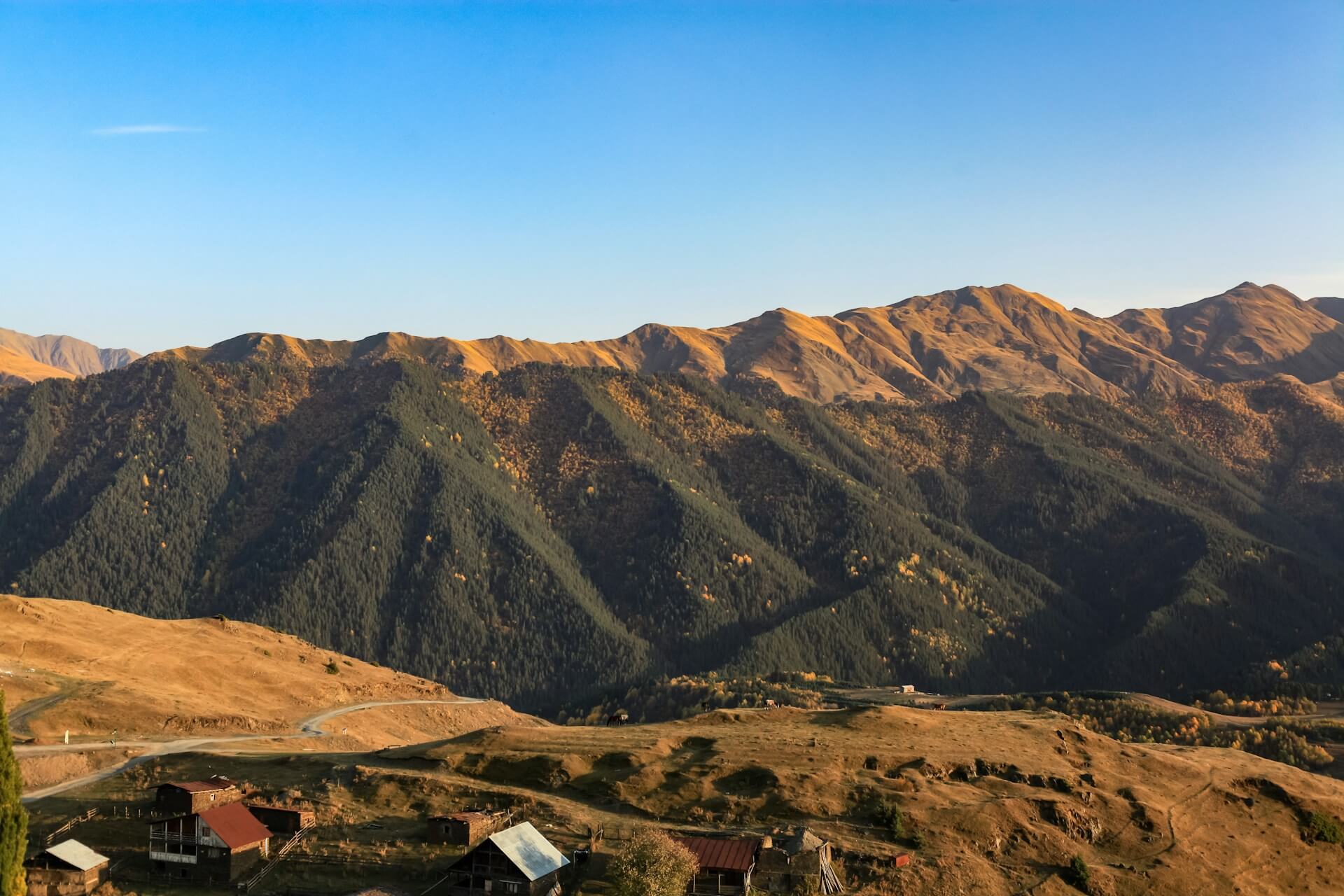 Misty peaks of the Svaneti mountain range in Georgia