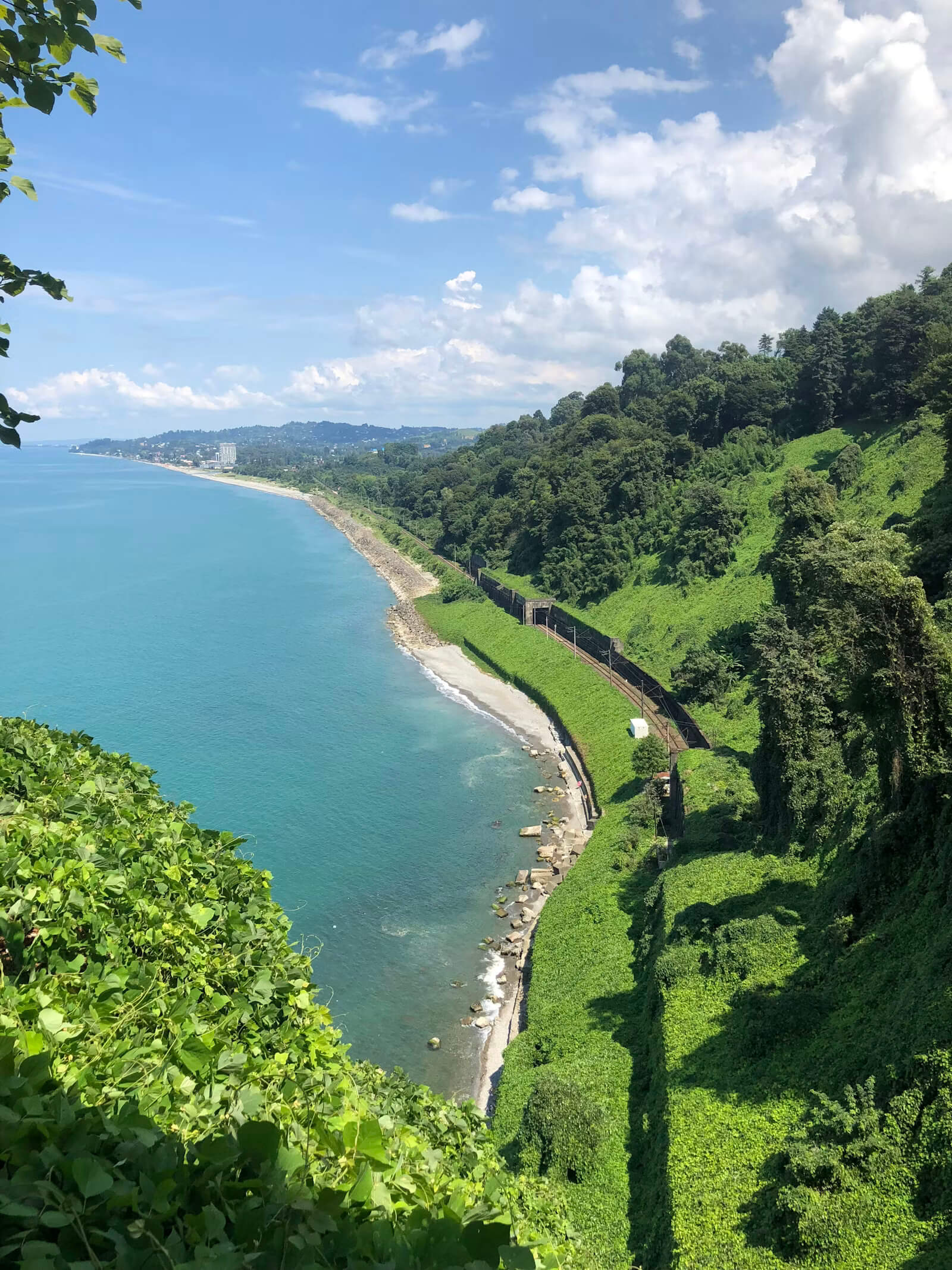 The Georgian coast seen from a wooded headland, the railway line running along the shore below